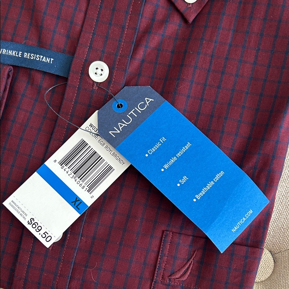 Nautica Men's Royal Burgundy Plaid  Dress Shirt Size XL - Picture 3 of 4